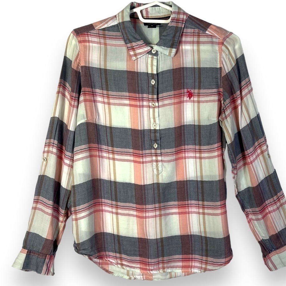 US Polo Association Collared Button Up Popover Top, Red/Grey Plaid, Size Medium